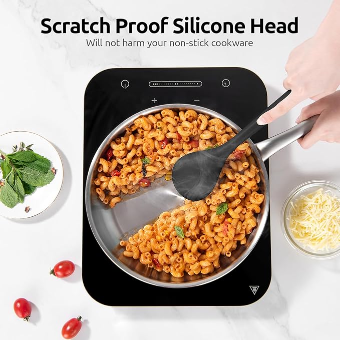 600ºF Heat Resistant Silicone Spoons: U-Taste 13.3in Solid & Slotted Kitchen Cooking Spoon, Nonstick Long Rubber Utensil, Sturdy for Mixing, Serving, Stirring, Frying, Draining (Black, 2PCS)