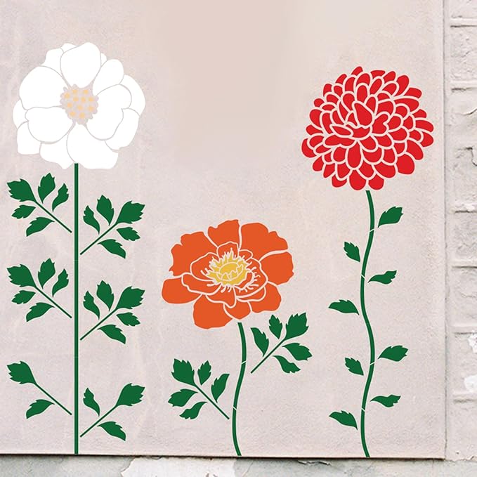 12PCS Large Flower Stencils for Painting on Wood 12 x 12 Inch Giant Wall Stencil with Brushes Large Pattern Floral Stencils Sunflower Paint Stencil for Walls Garden Fence Furniture