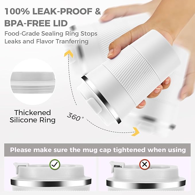 Volhoply 13 oz Stainless Steel Insulated Travel Coffee Mug with Fip Lid Bulk 2 Pack,Reusable Double Wall Vacuum Metal Coffee Cup,Portable Leak Proof Thermal Tumbler for Hot & Cold Drinks(White,2)