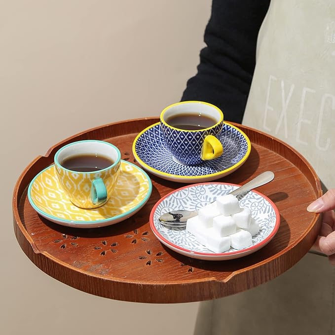 Selamica Ceramic 2 oz Espresso Cups, Small Expresso Coffee Cup Set with Saucers, Porcelain Mini Demitasse Cups for Latte Mocha Tea, Set of 6, Assorted Colors
