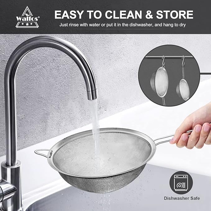 Walfos Extra Fine Mesh Strainer Set of 4-9.5", 7", 4.7", 2.8", Stainless Steel 30 Mesh Sieve with Sturdy Handle, Kitchen Food Strainers Sifters for Quinoa, Pasta, Fruits, Vegetables, Rice, Tea