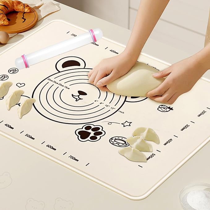 Little Bear Pastry Mat Set:Silicone Pastry Mat with Cake Scraper Rolling Pin Pastry Brush for Baking (standard, count, 4)