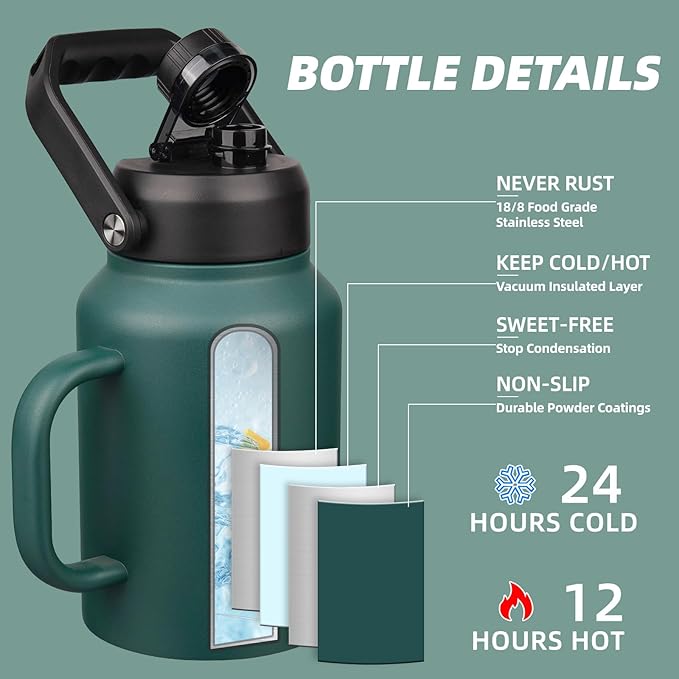 BJPKPK 64oz Insulated Water Bottle with Handle, Large Dishwasher Safe Half Gallon Water Bottle, BPA Free Water Jug, Wide Mouth Metal Water Bottle with Anti-slip Bottom, Keep Cold & Hot, Army Green