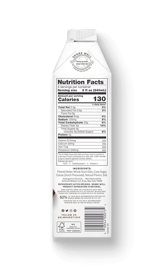 Elmhurst 1925 Chocolate Oat Milk - 32 Ounce (Pack of 6) Dairy-Free, Vegan, Kosher, Gluten-Free, Less Sugar, Shelf Stable Plant Based Milk Made with Whole Grain Oats & Cocoa for Smoothies & Baking