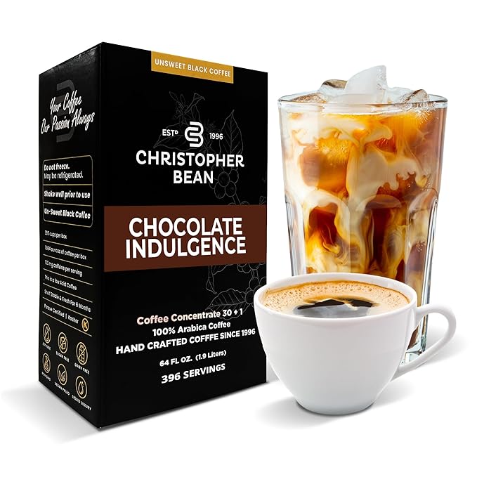 Christopher Bean Coffee - 396 servings, 30 to 1 Blend Bag in Box Liquid Instant Coffee or Cold Brew Coffee Concentrate - Hot or Iced Coffee - Chocolate Indulgence