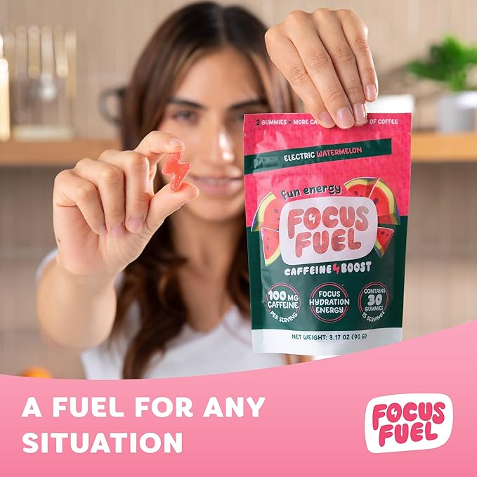 FocusFuel Energy Chews – Watermelon Flavor (15 Servings) – 100mg Caffeine + L-Theanine + B12, Magnesium – All-Natural Energy Boost – No Crash or Jitters