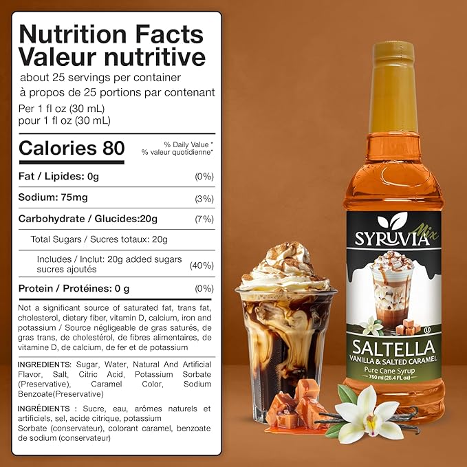 Syruvia SALTELLA Coffee Syrup Vanilla Salted Caramel - 25.4 fl oz - Kosher Coffee Syrups, Gluten Free, No Coloring, Perfect for Drinks, Soda, Shakes, Desserts, and More.