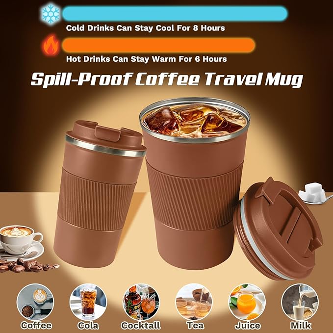 Vacuum-Insulated Stainless Steel Travel Coffee Mug, Leak-Proof Reusable Coffee Cup with Lid - Keep Hot & Cold Drinks for Hours, Durable Thermos Tumbler for Men & Women (3rd-Light Coffee, 17OZ)