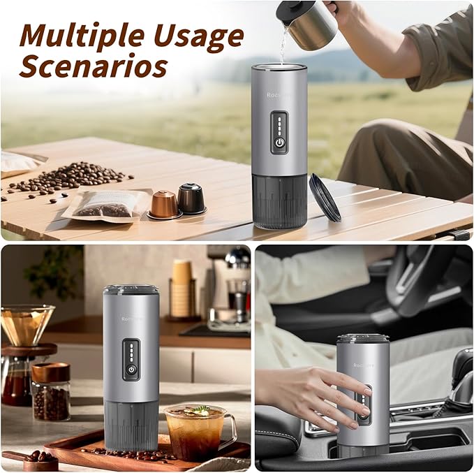 Stainless Steel Portable Espresso Maker | 7500mAh Rechargeable Battery | 20 Bar Self-Heating with USB-C | Works with Most Capsules Compatible for Camping, Travel, Outdoor (Silvery)