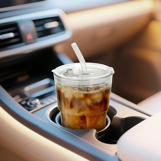 4 Pack 13 Oz Glass Cups with Lids and Straws Glass Iced Coffee Cups with Lids Vintage Glass Tumbler for Beer Ice Coffee Fruit Juice Elegant Aesthetic Cup Glassware Include 1 Cleaning Brushes