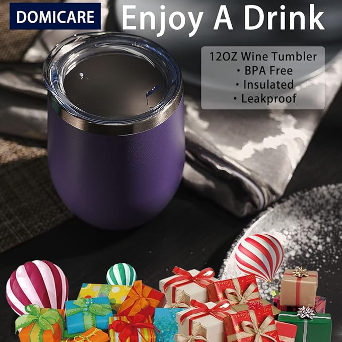 DOMICARE Stainless Steel Wine Tumbler Bulk with Lid, Personalized Insulated Tumblers Set, 12oz Travel Coffee Cups Pack of 4, Purple
