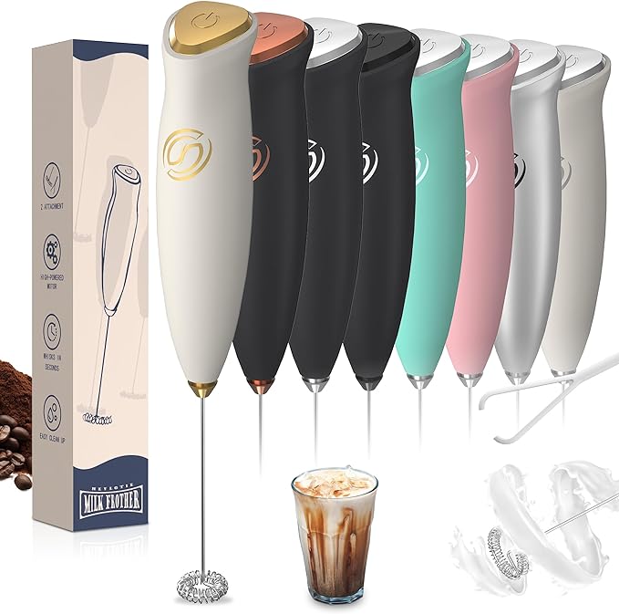 Milk Frother Handheld Frother Wand Drink Mixer Handheld Coffee Stirrers Electric Frother for Coffee Mixer Wand with 2 Whisk frother for protein powder coffee frother handheld-White/Gold