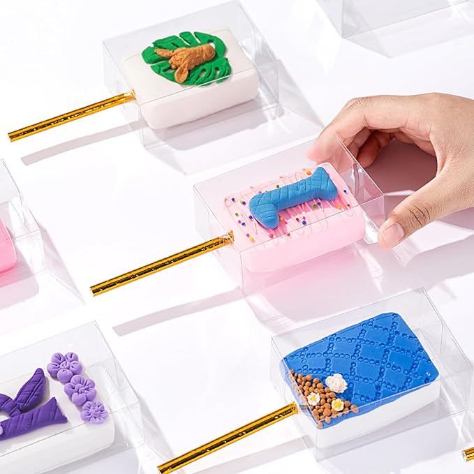 RomanticBaking 37 PCS 3.5"x 2.4"x 1.38"Clear Rice Krispie Treat Boxes with Hole for Cakesickle, Small Macaron, Candy,& Treat Boxes Party Favors