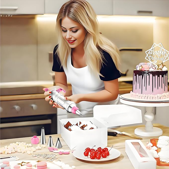 Dessert Decorating Syringe Set, Frosting Piping Kit icing piping kit Food Grade Stainless Steels (6 pro piping tips shooters 50 disposable piping bags) For Baking, Decorating Cupcake, Deviled Eggs