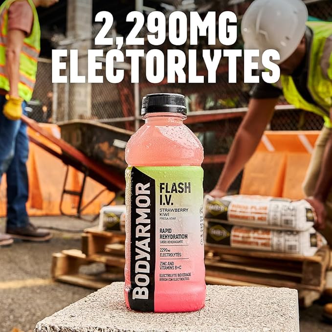 BODYARMOR Flash I.V. Electrolyte Beverage, Strawberry Kiwi, Hydration Drink with Coconut Water For Rapid Rehydration, Post Workout Recovery, 20 Fl Oz (Pack of 12)