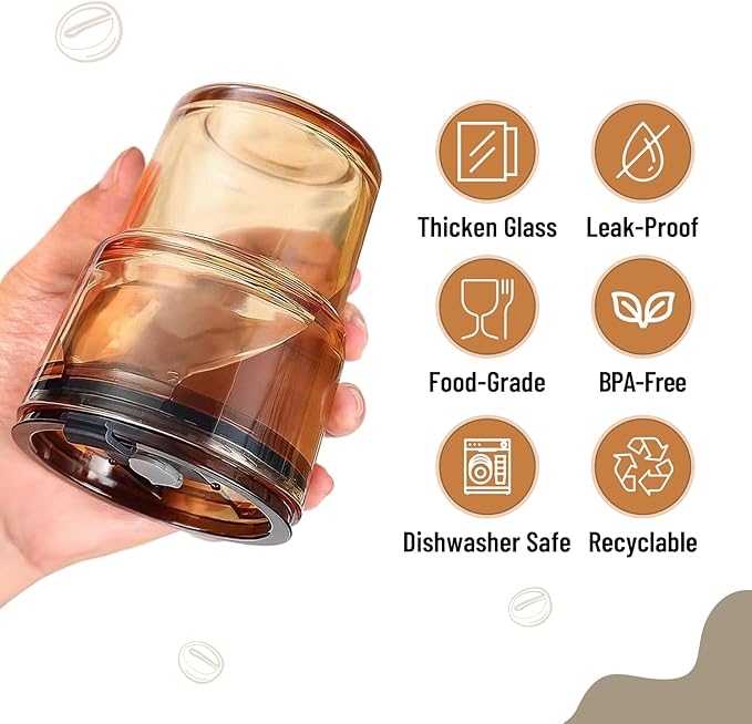 13 oz Glass Tumbler with Glass Straw and Lid, Leak-Proof Reusable Travel Cup for Iced Coffee, Tea, Matcha, Fruit Juice – Thick Wall Clear Water Bottle (Amber & Iridescent Shimmer, 2 Pack)