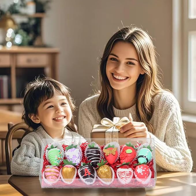 RomanticBaking 5Pcs 12x5x2Inches Clear Easter Cookies Boxes Plastic Chocolate Covered Strawberries Boxes for 12 Chocoalte Truffle Box Bakery Box Cakesickle Gift Treat Pack for Christmas Valentine's