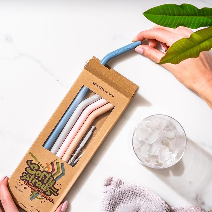 Premium Reusable Silicone Drinking Straws + Patented Straw Squeegee - 9” Long With Curved Bend for 20/30/32oz Tumblers - Neutral Pastel Colors, BPA Free, Flexible, Bendy