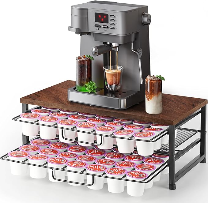 K Cup Holder Organizer for 70 Pods, 2-Tier Coffee Pod Holder for K-Cup with 2 Sliding Storage Drawers, Coffee Station Bar Organizer for Kitchen Countertop, Home & Office, Wooden