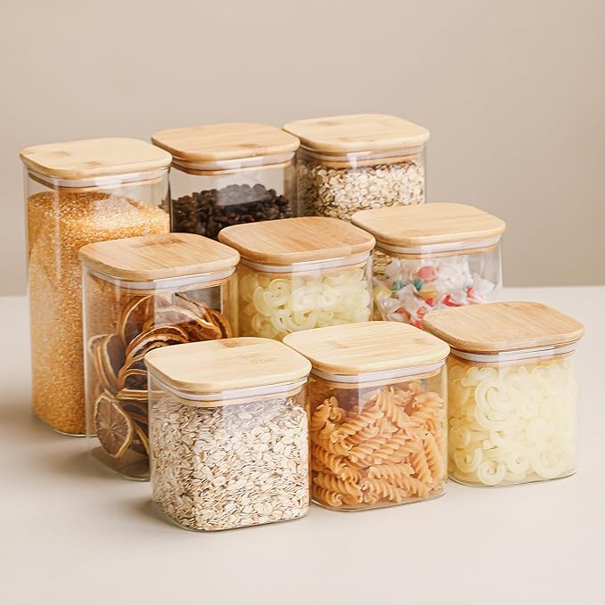 Glass Food Storage Containers with Bamboo Lids, 34 Oz High Borosilicate Glass Jars for Coffee Bean, Candy, Cookie, Flour, Square