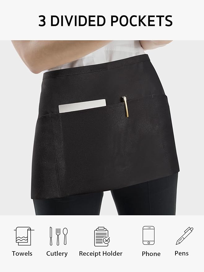 Syntus 3 Pack Server Aprons with 3 Pockets, 100% Cotton Waitress Waiter Waist Apron, 11.5-inch Black