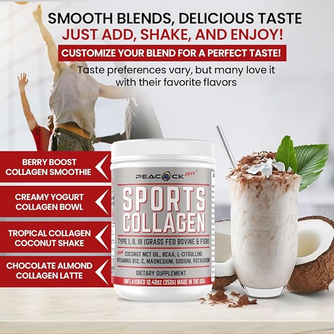 Sports Collagen Powder, 12.42 oz, Pack of 12 - Grass Fed Bovine & Wild Fish Hydrolyzed Type I, II, III Multi Collagen Peptides, Unflavored Protein Powder with Electrolytes