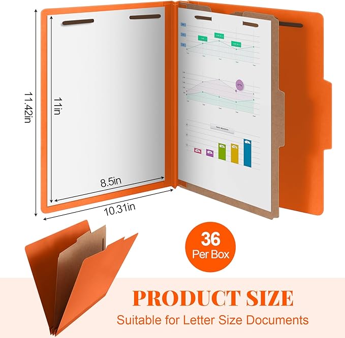 36 Pcs Classification Folders Letter Size, Back to School Supply for Teacher, Student, 1 Divider Pressboard File Folder Bulk with 2 Fasteners, 3.5 Inch Expanding File Organizer (Orange)