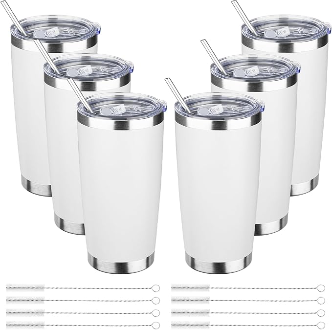 20oz Tumbler Bulk with Lid and Straw, Stainless Steel Double Wall Vacuum Insulated Travel Mug, Powder Coated Coffee Cups for Hot and Cold Drinks,Funny Gifts for Women Men(White,6)