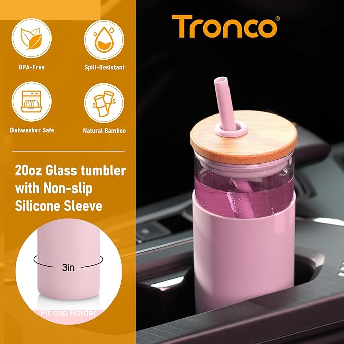 Tronco 20 oz Glass Tumbler with Lid and Straw, Reusable Iced Coffee Cup with Silicone Sleeve & Bamboo Lid, Smoothie Cup for Home, Office, for Father Men Day Gift from Wife Daughter Son (White)