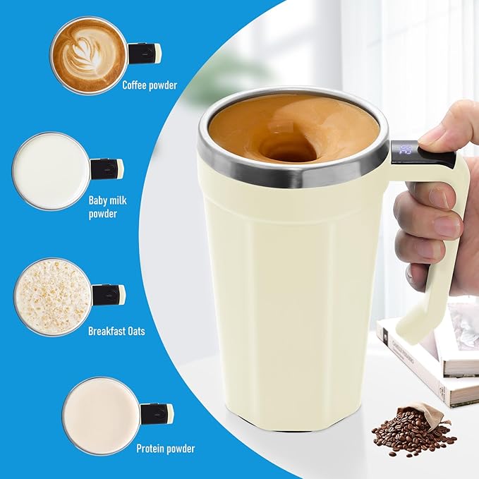 Self Stirring Coffee Mug with Temperature Display, 15oz Automatic Magnetic Mixing Cup, Rechargeable Travel Mug for Coffee, Milk, Cocoa - (White)