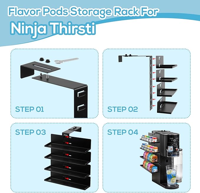 RECAPS Flavor Pods Holder for Ninja Thirsti Soda Maker WC1001, Holds 20 Flavor Pods, 4-Tier Storage Organizer, Easy to Access, Space-Saving for Ninja Thirsties Drink System Soda Machine (Shelf Only)