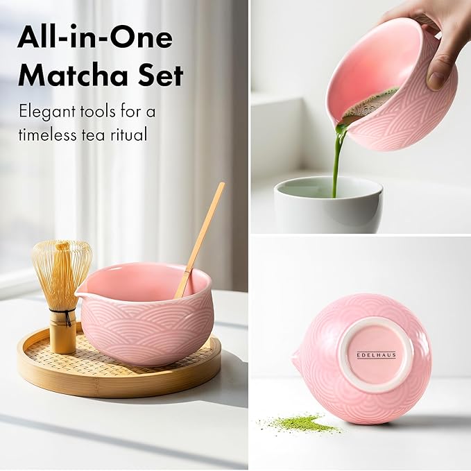 Matcha Whisk Set (7 Pcs) - Complete Matcha Set, Matcha Bowl with Spout, Whisk with Holder, Bamboo Scoop with Rest and Sifter, Perfect Kit for Matcha Lovers (Sakura Pink)