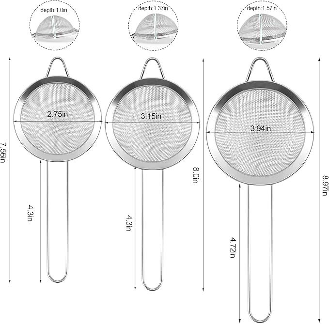 3 Pack Fine Mesh Strainer, Small Stainless Steel Sieves with Handles, for Steeping Loose Leaf Tea, Straining Cocktail, Juice and Sifting Flour, Powdered Sugar