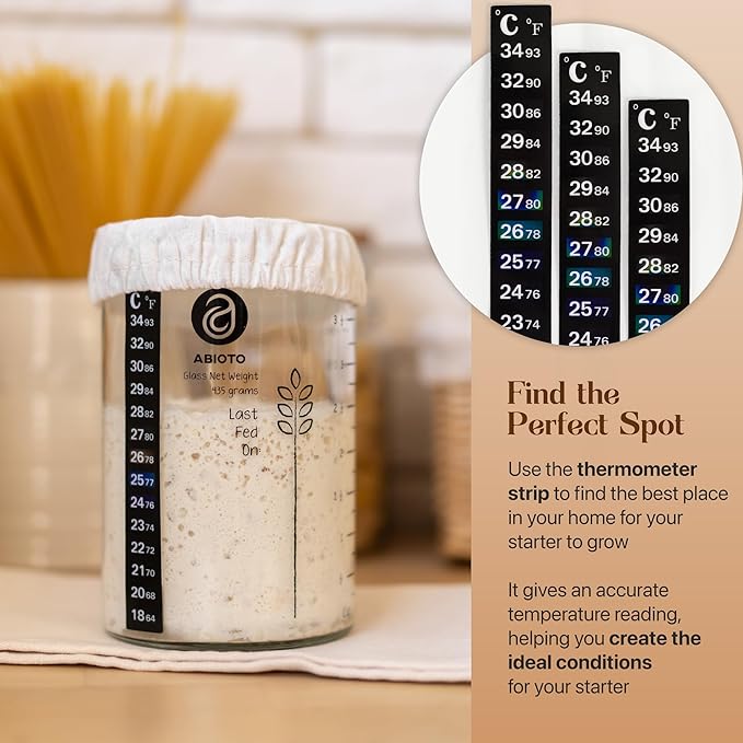 Sourdough Proofing Basket and Starter Jar Kit – 2.2 LB Round Wood Pulp Banneton with Grooved Pattern (Made in Germany) and 34 oz Sourdough Starter Jar, Thermometer Strips & Spatula –Bread Proofing Set