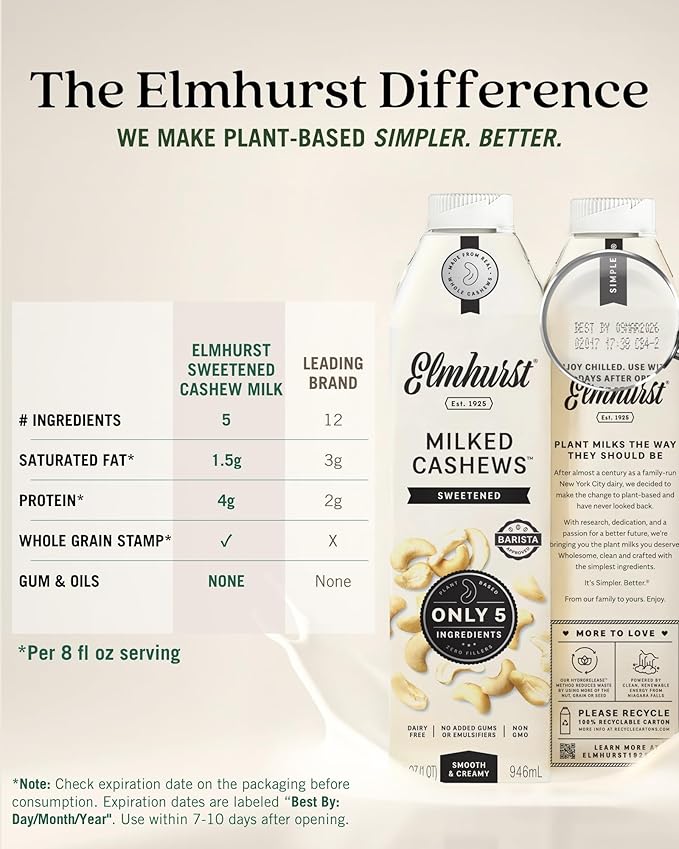 Elmhurst 1925 Sweetened Cashew Milk - 32 Ounce (Pack of 6) Dairy-Free, Vegan, Kosher, Gluten-Free, Shelf Stable Plant Based Milk Made with Water & Cashews for Healthier Coffee, Latte & Smoothies