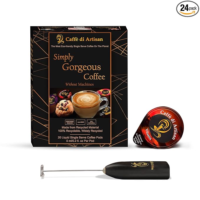 Caffè di Artisan Liquid Coffee Pods – Premium Single-Serve Coffee for Cold Brew concentrate, Iced Coffee & Hot Coffees – Machine-Free, Eco-Friendly, Ready in Seconds. Rich; Asmara with Frother; Arabica; Medium Roast – 24 Count