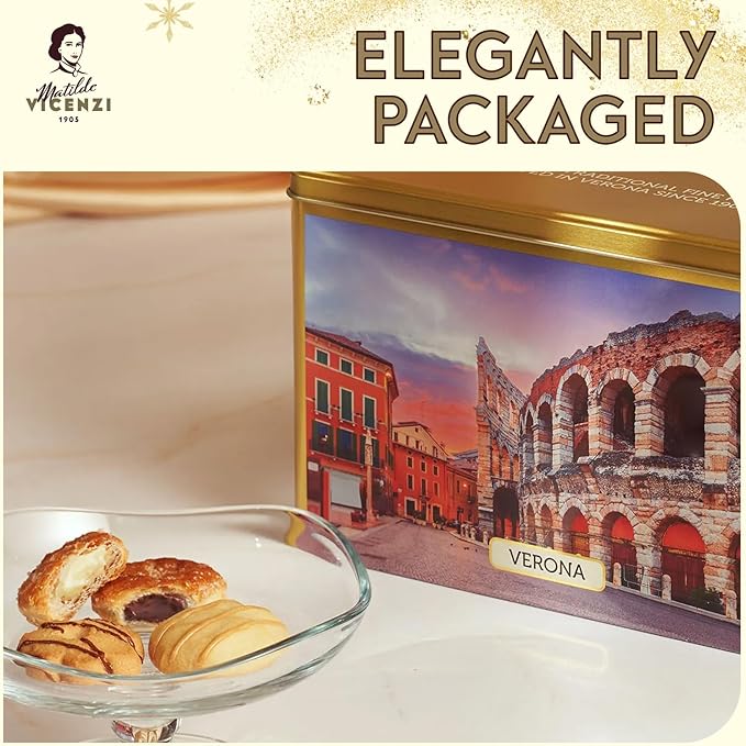 Matilde Vicenzi Verona Gift Tin - Assortment of Italian Pastries and Cookies - Gourmet Gifts For Thanksgiving & Christmas - Assorted Cookies in Italian Design Tin 32oz (907g)
