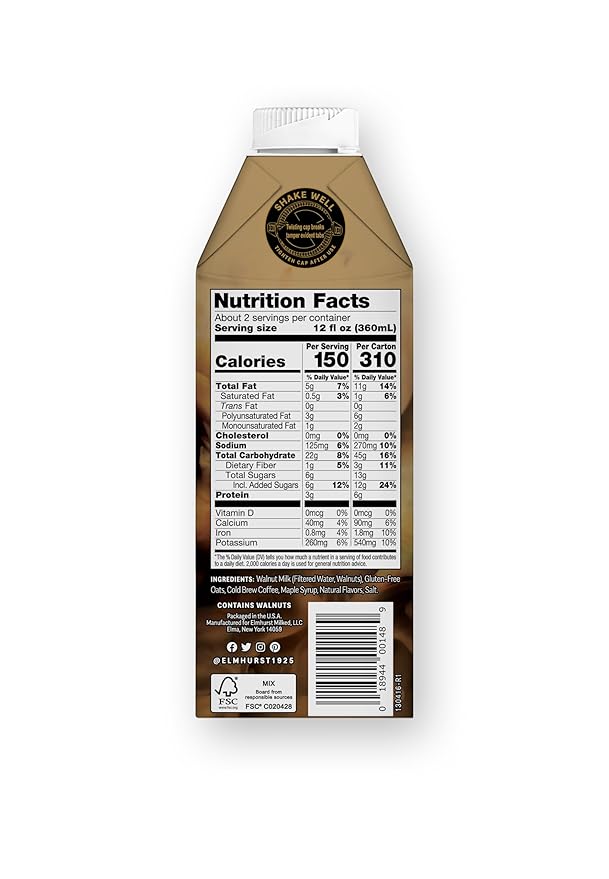 Elmhurst 1925 Maple Walnut Latte – Plant-Based, Vegan, Dairy-Free Plant Milk Latte Made of Walnut Milk, Cold Brew Premium Arabica with 95mg Caffeine & Real Maple & Brown Sugar – 25.4oz (Pack of 6)