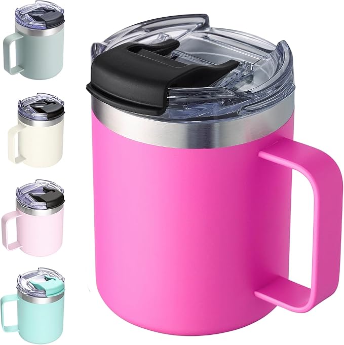 ALOUFEA 12oz Insulated Coffee Mug Cup with Handle, Stainless Steel Travel Coffee Mug with Flip Lid, Double Wall Vacuum Coffee Tumbler,Raspberry Vibes