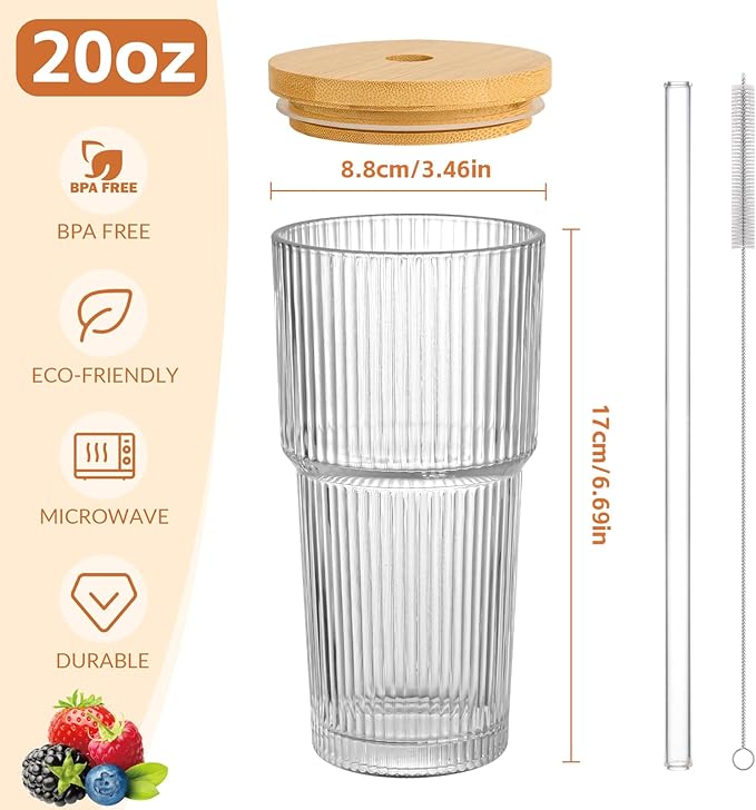 20oz Glass Cups with Lids and Straws,1PCS Ribbed Glass Coffee Cups,Iced Coffee Cups with Lid,Vintage Bamboo Tumbler for Juice,Smoothies