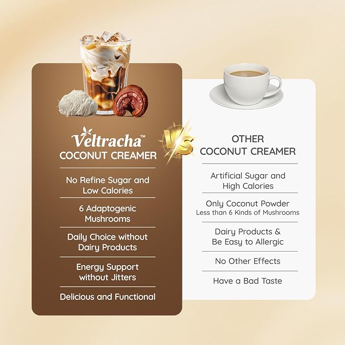 Veltracha Mushroom Coffee Creamer, Superfood Coconut Creamer Powder with 6 Adaptogenic Mushrooms - Reishi, Turkey Tail, Lions Mane, Non-Dairy Coconut Powdered Creamer for Energy & Focus & Digestion, 30 Servings, Sweet