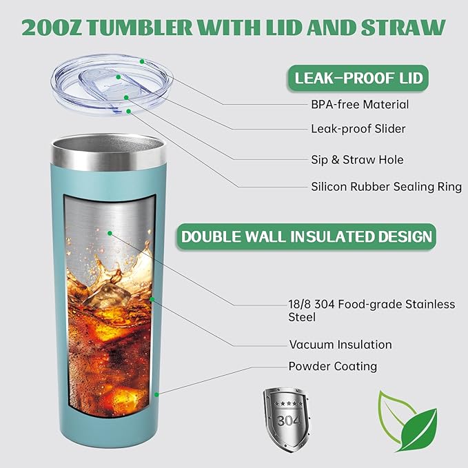 20 oz Skinny Tumblers with Lid and Straw,Stainless Steel Vacuum Insulated Tumbler Cup Double Wall Travel Coffee Mug, Thermal Water Tumbler for Hot and Cold Drinks(Glacier blue,4)