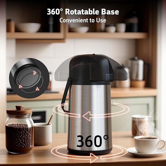 Airpot Coffee Carafe for Keeping Hot - 64 OZ / 1.9L Large Coffee Dispenser with Pump - Insulated Stainless Steel Thermos Urn for Hot Drinks Water Tea Chocolate - Thermal Beverage Dispenser for Parties