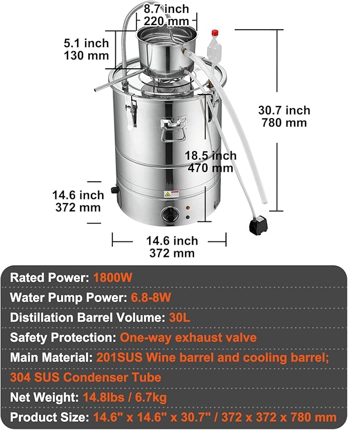 VEVOR Electric Alcohol Still 8Gal/30L, Alcohol Distiller, Distillery Kit for Alcohol include Pump & One-way Exhaust Valve & Thermometer