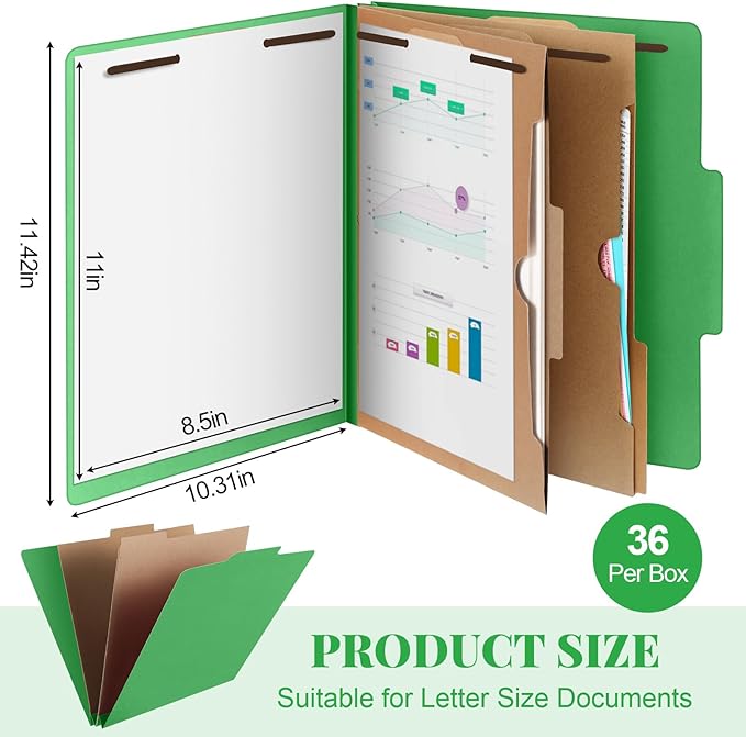 36 Pcs Classification Folders Letter Size, Back to School Supply for Teacher, Student, 2 Pocket Dividers Pressboard File Folder Bulk with 2 Fasteners, 2 in Expanding File Organizer (Green)
