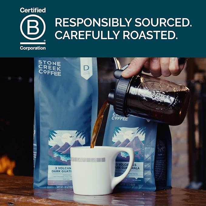 Stone Creek Coffee Dark Roast Whole Bean Coffee – 2 LB (Pack of 1) – Smooth Fresh Roasted Coffee Beans with Dark Chocolate Tasting Notes, 3 Volcanoes Dark Guatemala