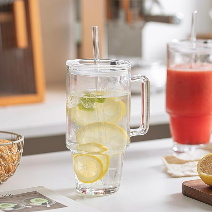 KEMORELA Glass Cups with Lids and Straws 2PCS, 24oz Clear Tumblers with Handle, Reusable Drinking Glasses for Iced Coffee, Tea, Water, Leak Proof Lid, Dishwasher Safe