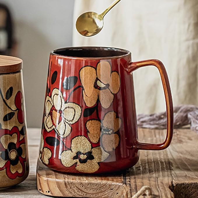 Large 24 oz Ceramic Coffee Mug with Large Handle, Vintage Floral Coffee Cup, Extra Big Tea Cup for Office and Home, Dishwasher and Microwave Safe, Red