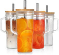 24Oz Ribbed Glass Tumblers with Lids and Straws, Glass Tumbler with Handle, Vintage Glass Cups Thick Drinking Glasses Set of 4, Ideal for Iced Coffee, Smoothies, Cocktails, Tea and Juices