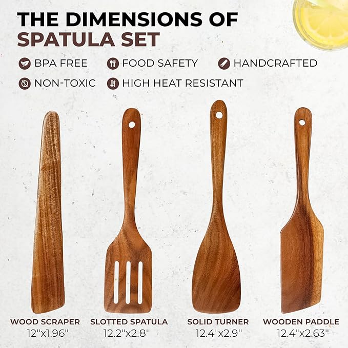 AIUHI Wooden Spatula for Cooking, Premium Teak Wood Cooking Utensils, NonStick Kitchen Utensils Set of 4 Contain Paddle, Turner Spatula, Slotted Spatula and Wood Scraper
